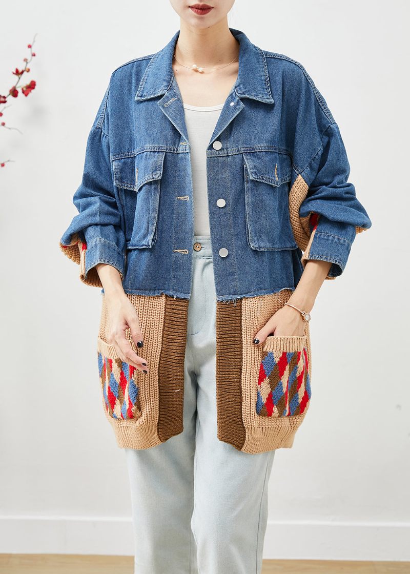 Art Blue Oversized Patchwork Lommer Denimjakke Efterår - Dame vinterfrakker