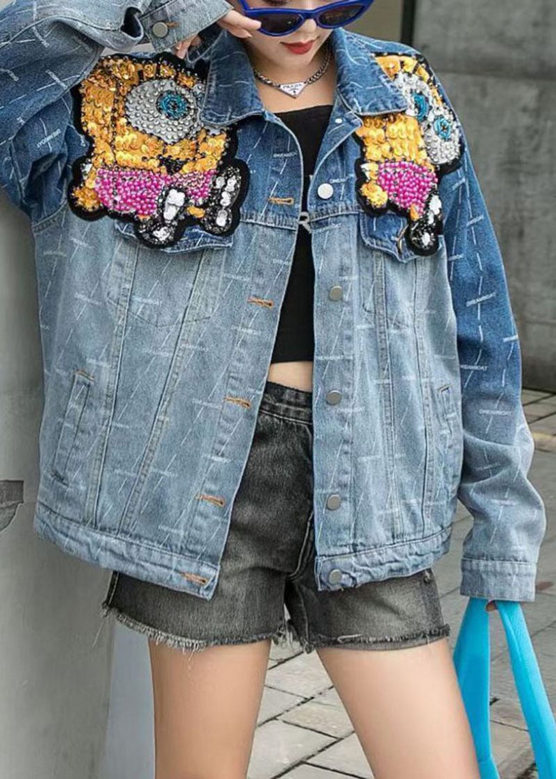 Art Blue Peter Pan Krave Patchwork Button Nail Perle Fall Denim Coat - Dame vinterfrakker