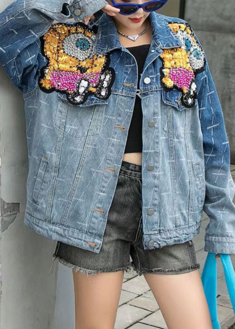 Art Blue Peter Pan Krave Patchwork Button Nail Perle Fall Denim Coat - Dame vinterfrakker