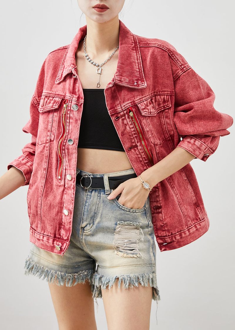 Art Brick Red Zip Up Oversized Denimjakker Efterår