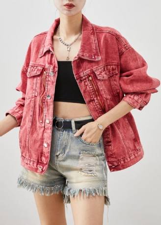 Art Brick Red Zip Up Oversized Denimjakker Efterår