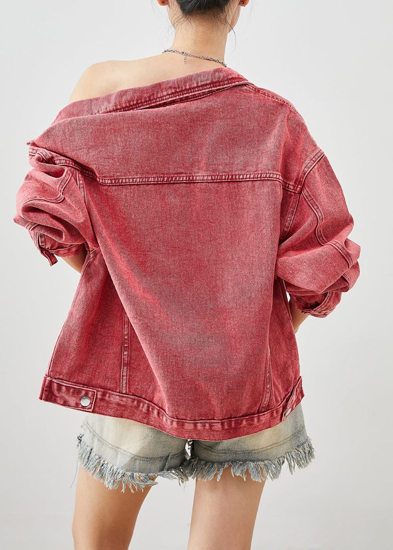 Art Brick Red Zip Up Oversized Denimjakker Efterår - Dame vinterfrakker