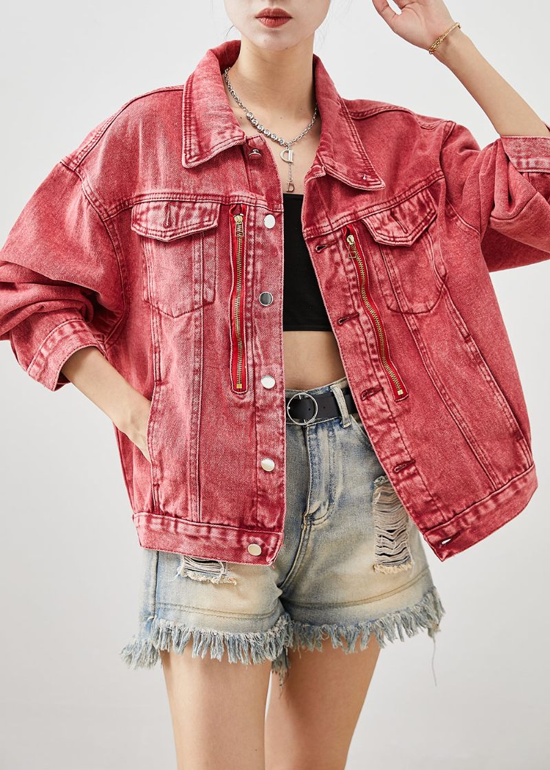 Art Brick Red Zip Up Oversized Denimjakker Efterår - Dame vinterfrakker