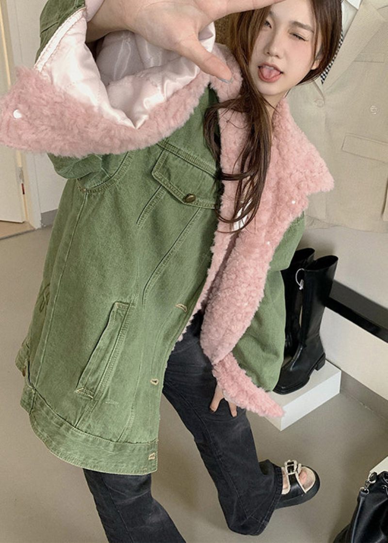 Art Green Oversized Lommer Fleece Uld Foret Jakker Vinter - Dame vinterfrakker