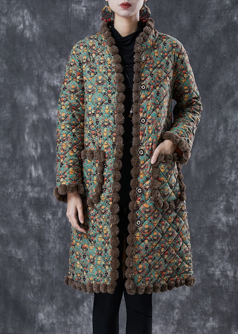 Art Green Oversized Print Varm Fleece Coat Vinter - Dame vinterfrakker