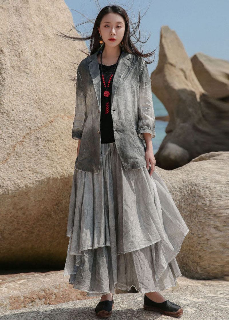 Art Grey Peter Pan Krave Knap Linned Spring Coat - Dame vinterfrakker