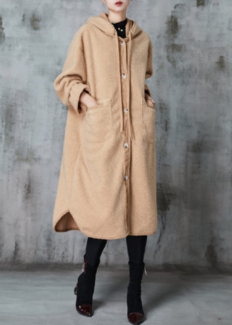 Art Khaki Hætte Patchwork Lommer Faux Fur Trench Winter