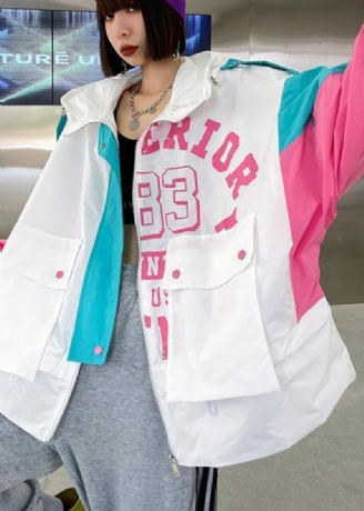 Art White Letter Patchwork Bomuld Spring Hooded Coat