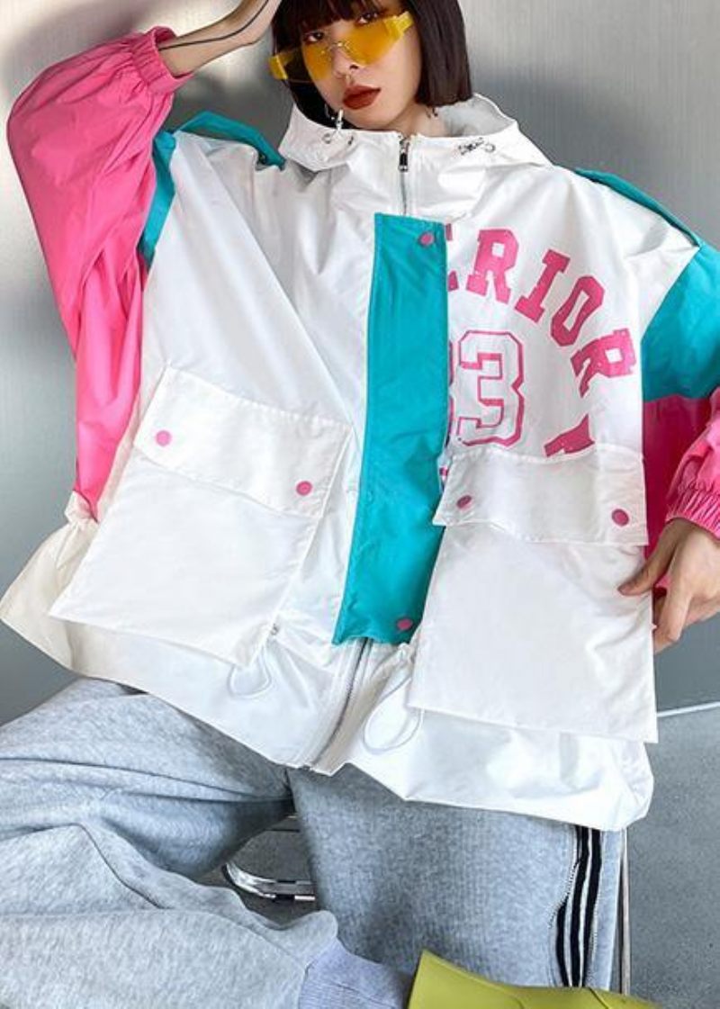 Art White Letter Patchwork Bomuld Spring Hooded Coat - Hvid