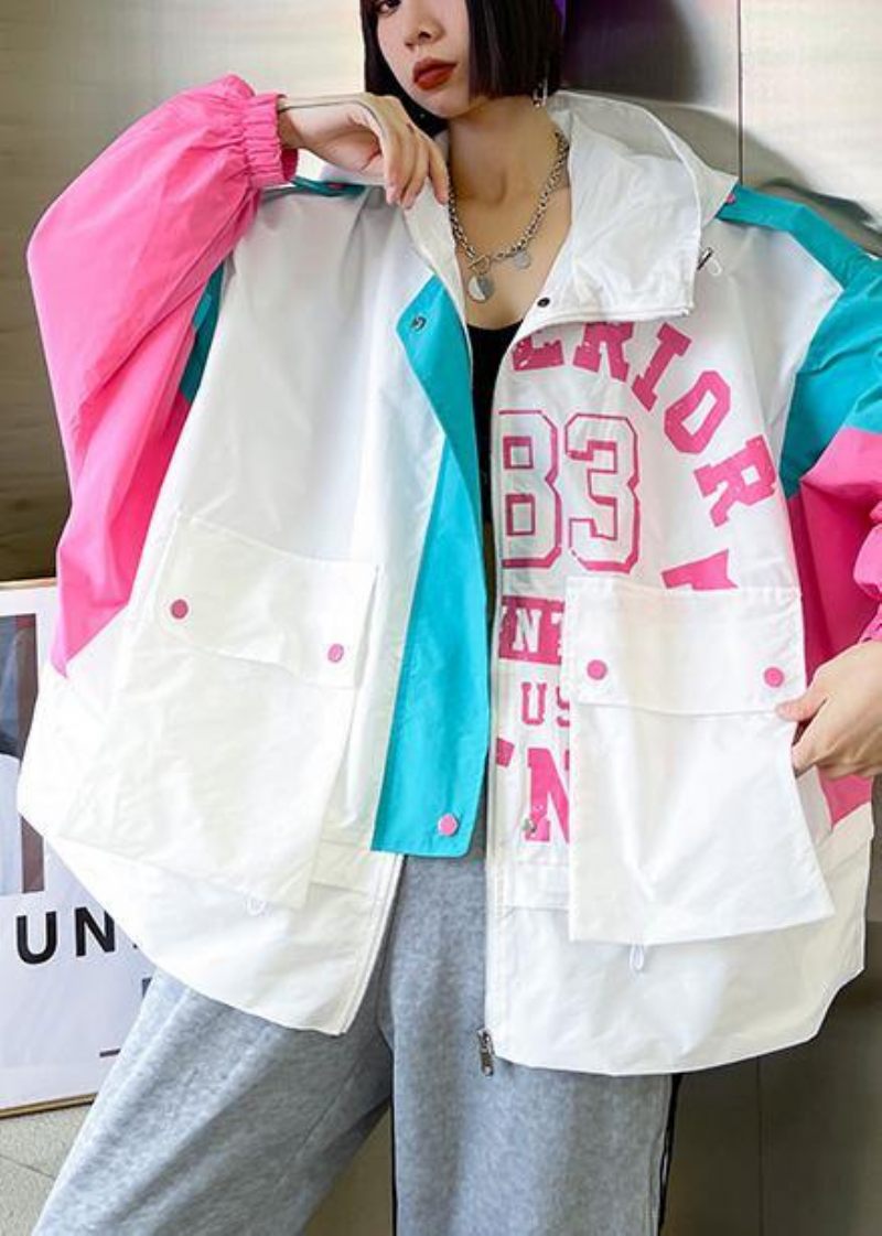 Art White Letter Patchwork Bomuld Spring Hooded Coat - Hvid