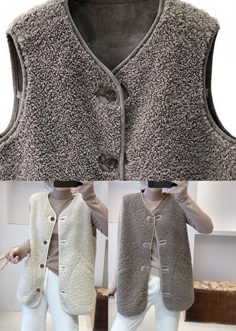 Beige V-hals Knap Imiteret Pels Vest Efterår - Beige