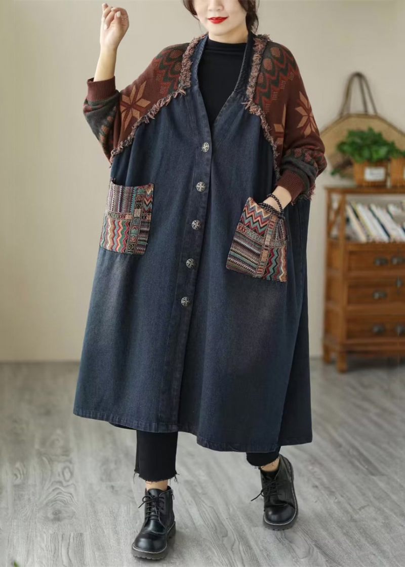 Blå Lommer Patchwork Denim Lange Frakker V-hals Efterår