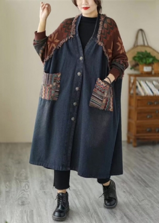 Blå Lommer Patchwork Denim Lange Frakker V-hals Efterår