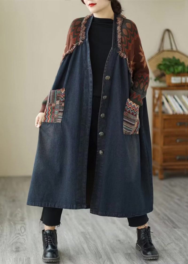 Blå Lommer Patchwork Denim Lange Frakker V-hals Efterår - Dame vinterfrakker