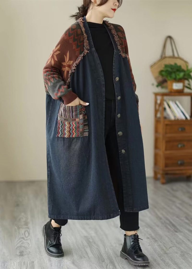 Blå Lommer Patchwork Denim Lange Frakker V-hals Efterår - Dame vinterfrakker