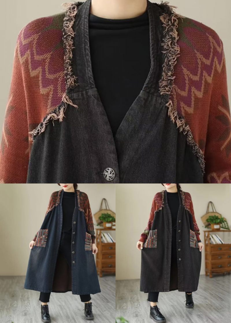 Blå Lommer Patchwork Denim Lange Frakker V-hals Efterår - Dame vinterfrakker