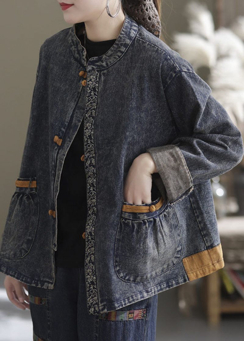 Blå Patchwork Bomuld Denim Frakker Stand Krave Orientalsk Knap Fall