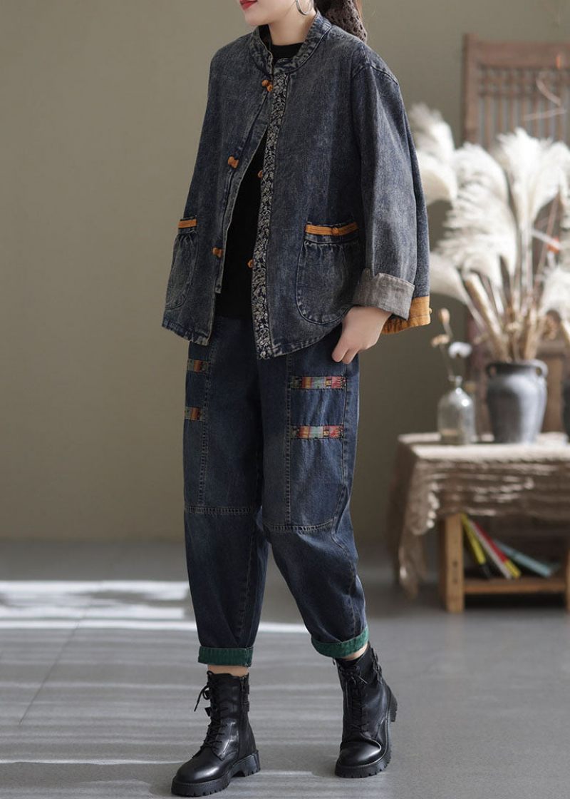 Blå Patchwork Bomuld Denim Frakker Stand Krave Orientalsk Knap Fall - Blå