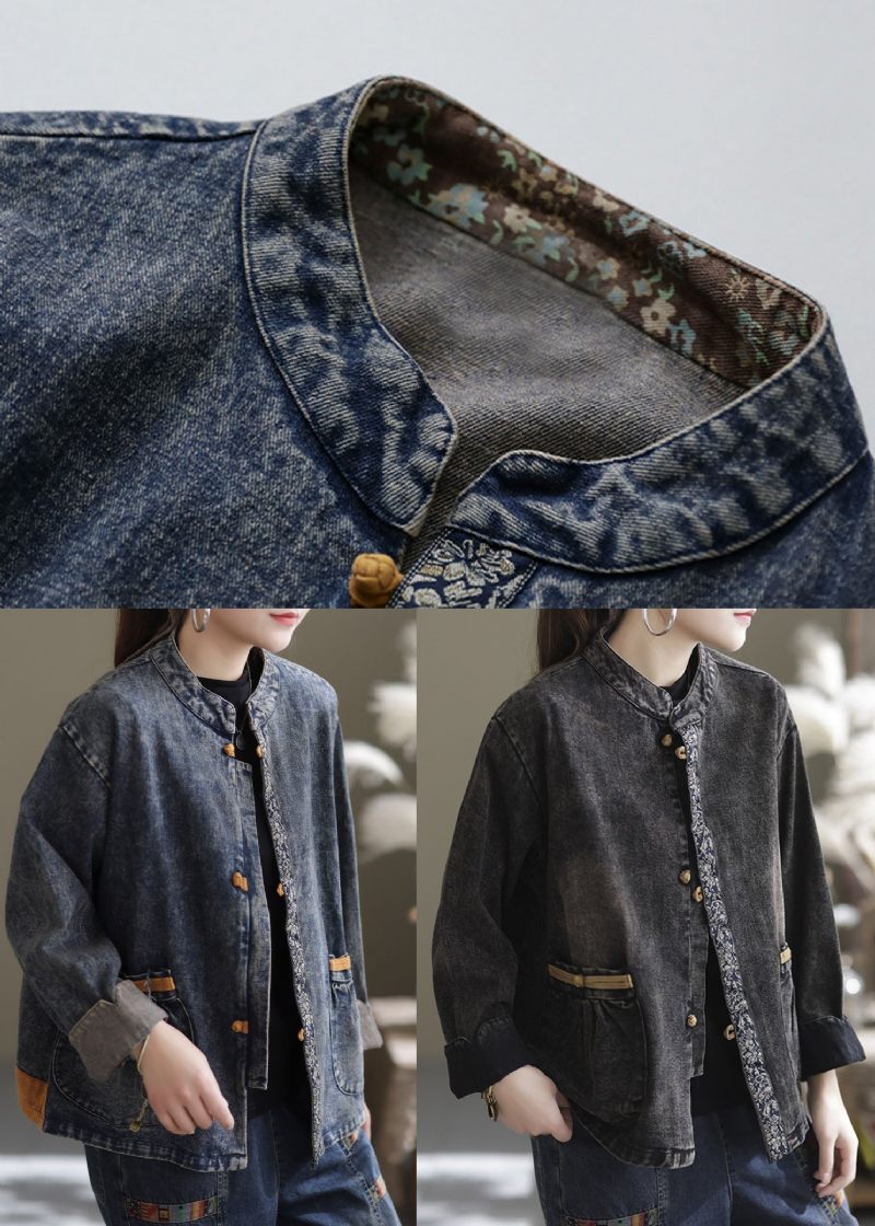 Blå Patchwork Bomuld Denim Frakker Stand Krave Orientalsk Knap Fall - Blå