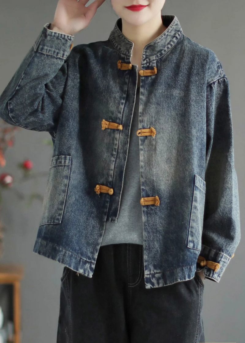 Blå Stand Krave Knap Denim Coat Langærmet - Blå