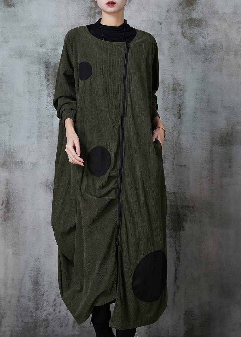 Blackish Green Dot Cotton Trench Coat Asymmetrisk Spring - Dame vinterfrakker