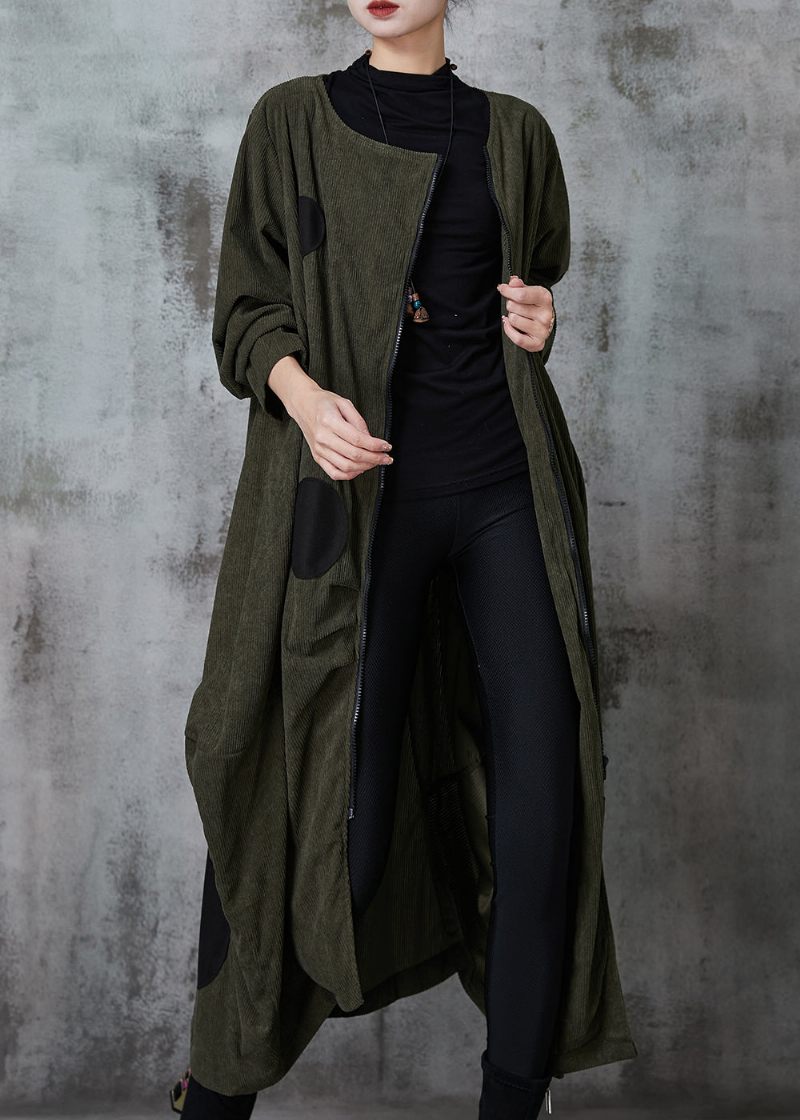 Blackish Green Dot Cotton Trench Coat Asymmetrisk Spring - Dame vinterfrakker