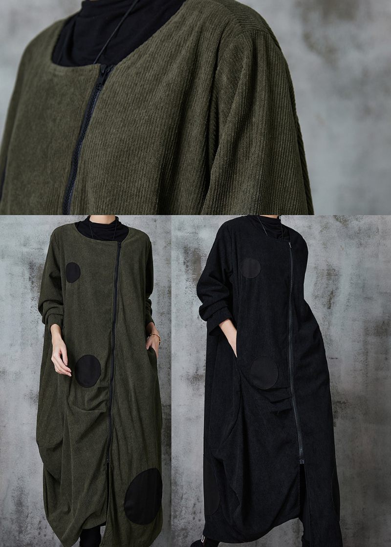 Blackish Green Dot Cotton Trench Coat Asymmetrisk Spring - Dame vinterfrakker