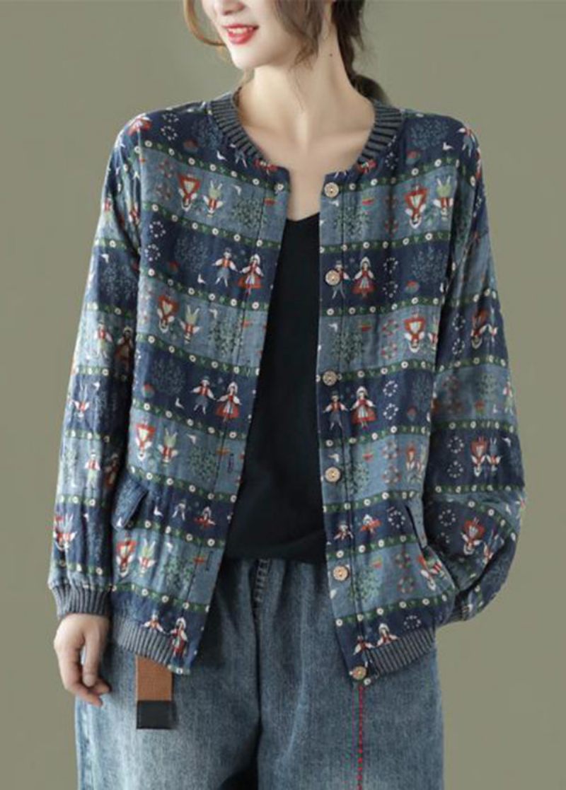 Blåtryk Lommer Patchwork Bomuld Frakker O Neck Butto Fall