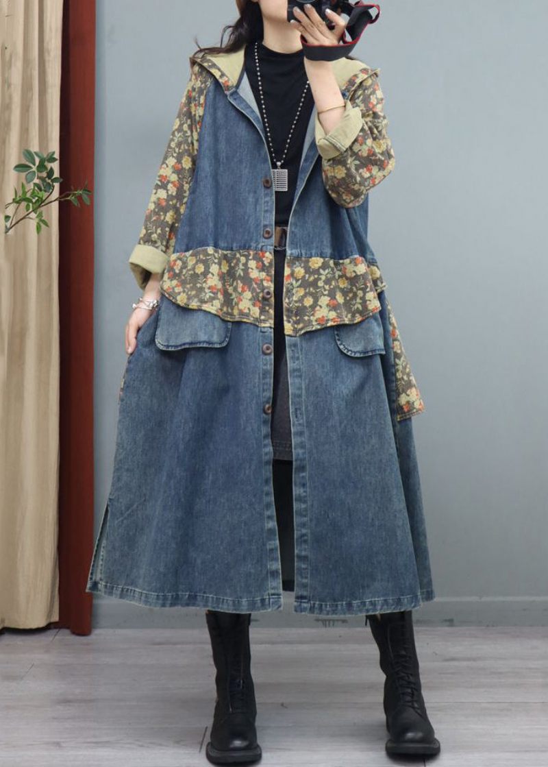 Blue Print Button Patchwork Denim Coat Asymmetrisk Langærmet