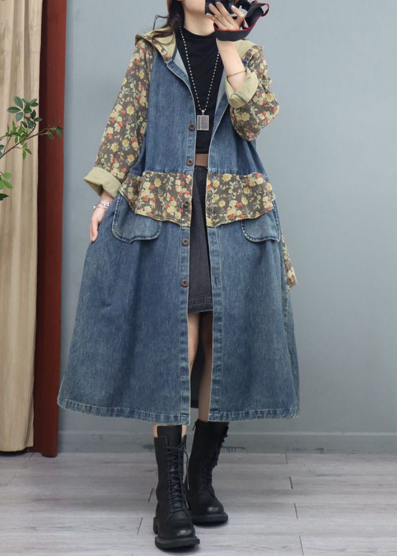 Blue Print Button Patchwork Denim Coat Asymmetrisk Langærmet - Dame vinterfrakker