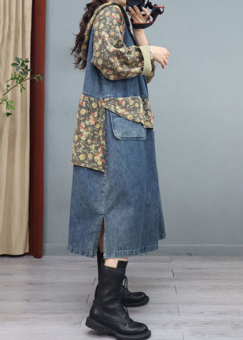 Blue Print Button Patchwork Denim Coat Asymmetrisk Langærmet - Dame vinterfrakker