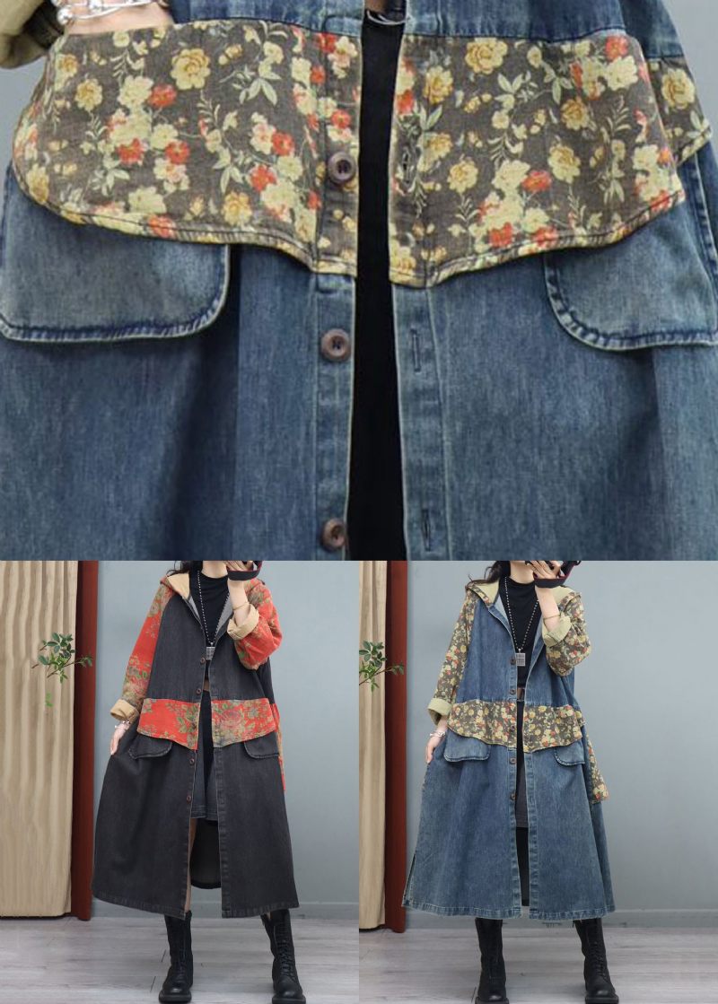 Blue Print Button Patchwork Denim Coat Asymmetrisk Langærmet - Dame vinterfrakker