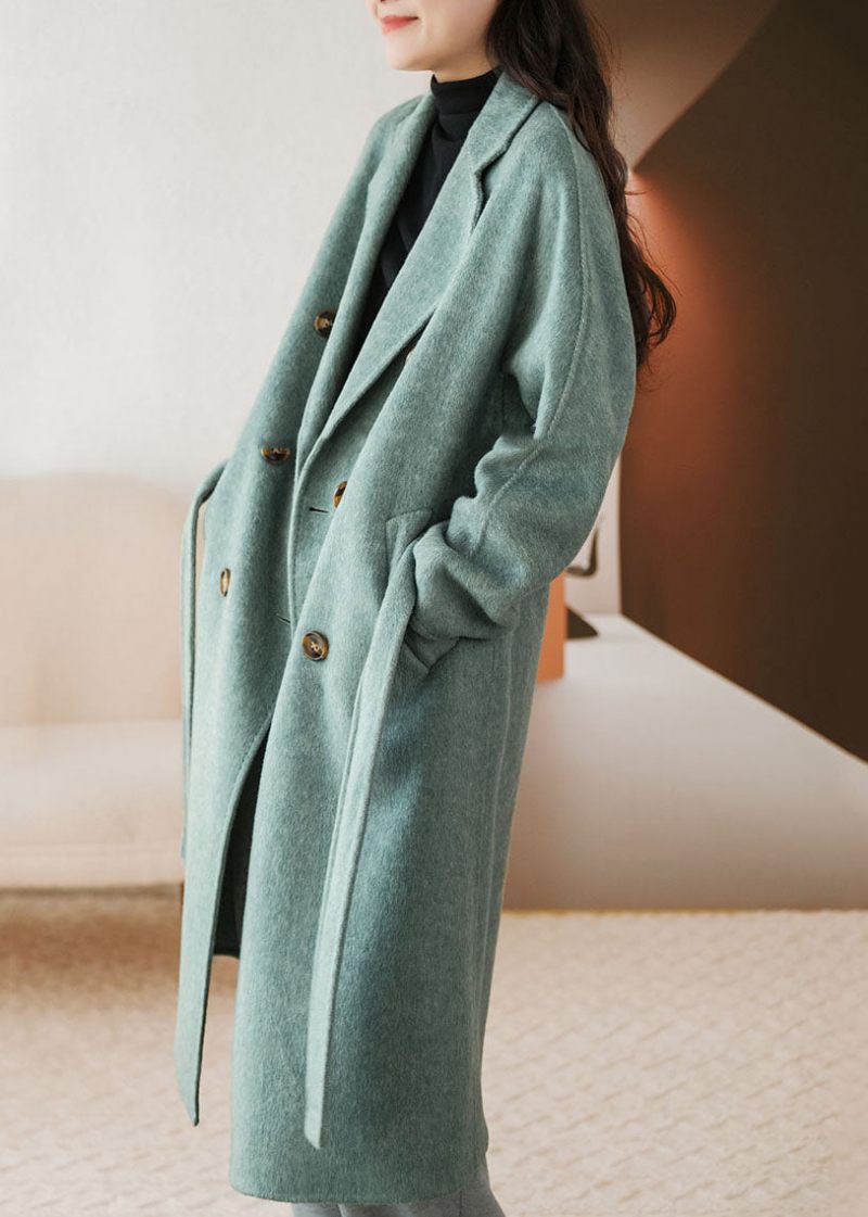 Blue Woolen Coat Sashes Double Breast Fall - Blå