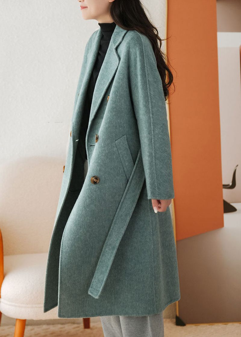 Blue Woolen Coat Sashes Double Breast Fall - Blå