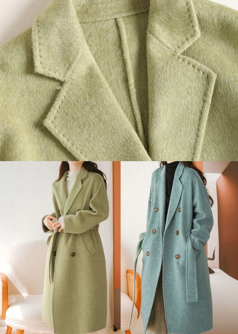 Blue Woolen Coat Sashes Double Breast Fall - Blå