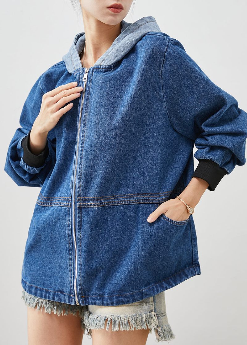 Bohemian Blue Hætte Patchwork Denim Jakker Forår - Dame vinterfrakker