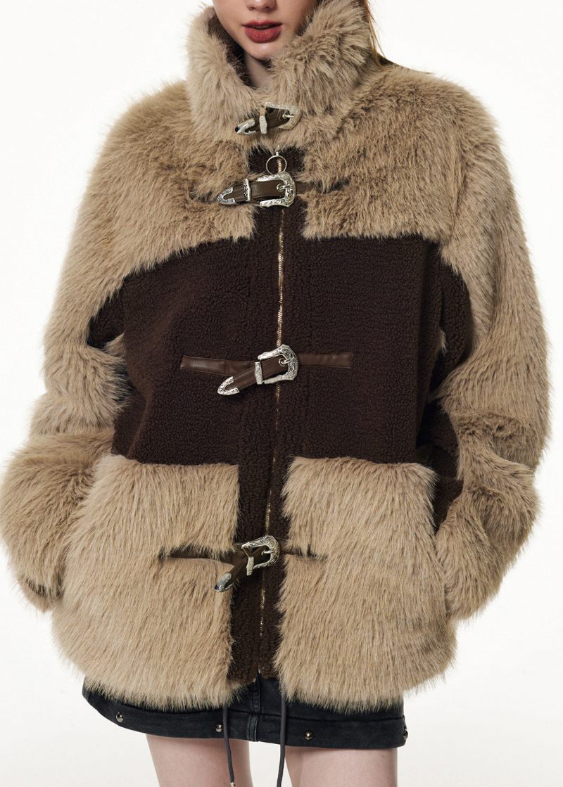 Bohemian Brown Chokolade Stand Krave Patchwork Lynlås Knap Faux Fur Coats Vinter