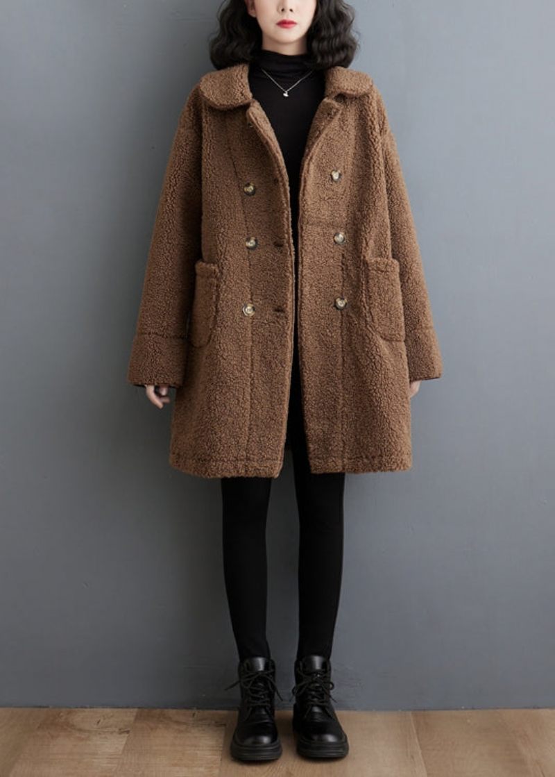 Bohemian Chokolade Dobbeltbryst Tykk Faux Fur Trench Winter - Dame vinterfrakker