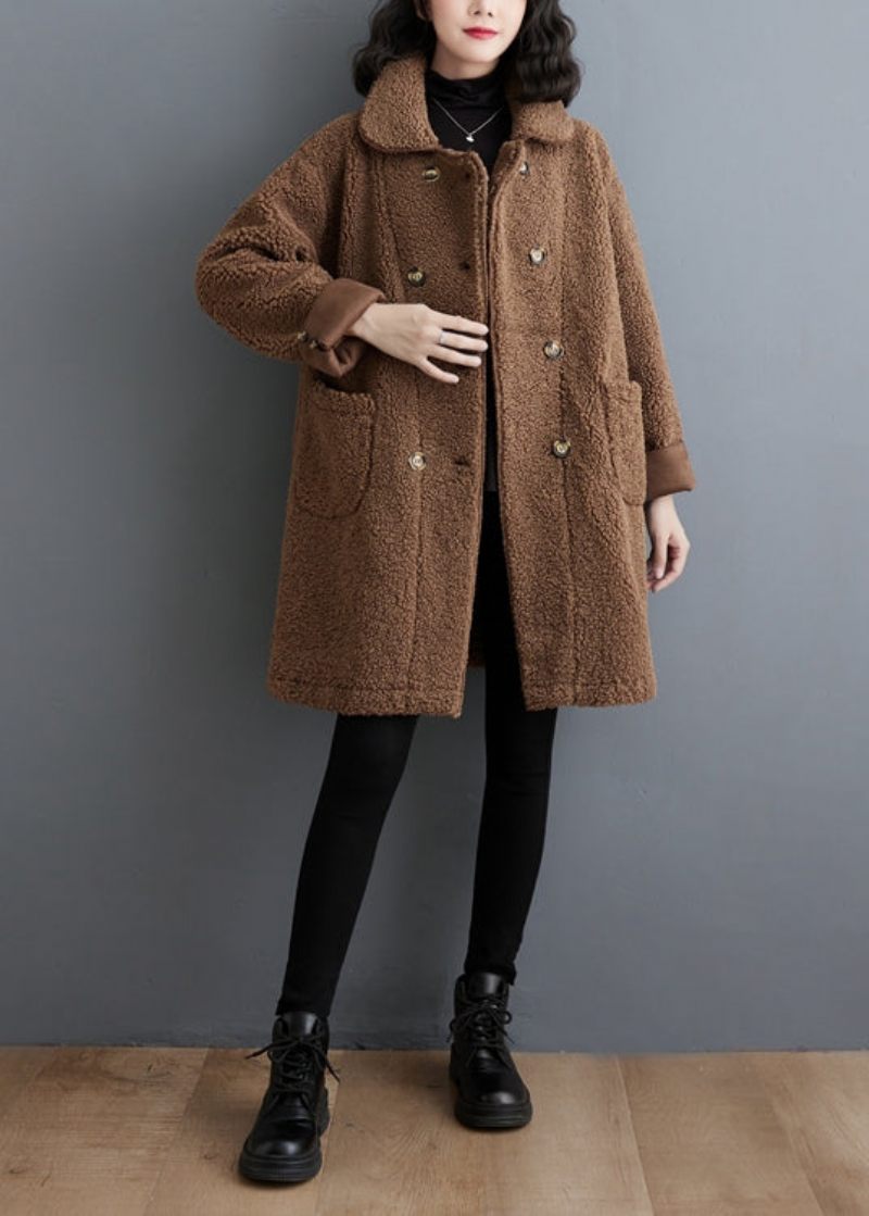 Bohemian Chokolade Dobbeltbryst Tykk Faux Fur Trench Winter - Dame vinterfrakker