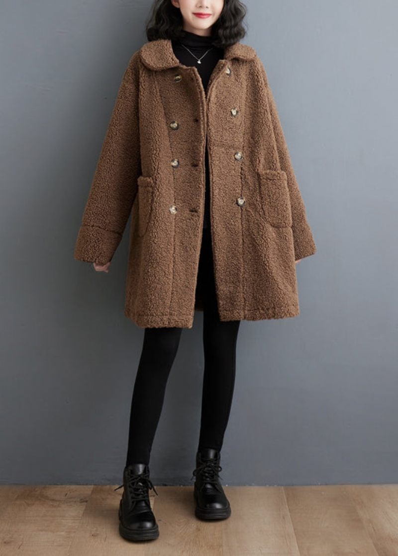 Bohemian Chokolade Dobbeltbryst Tykk Faux Fur Trench Winter - Dame vinterfrakker