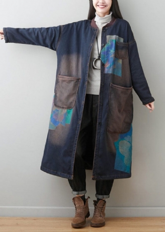 Bohemian Dark Blue Patchwork Lommer Print Varmt Fleece Outwear Winter