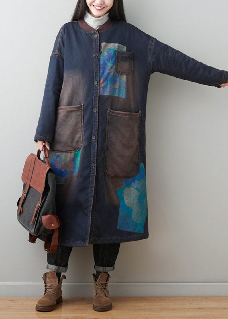 Bohemian Dark Blue Patchwork Lommer Print Varmt Fleece Outwear Winter - Dame vinterfrakker