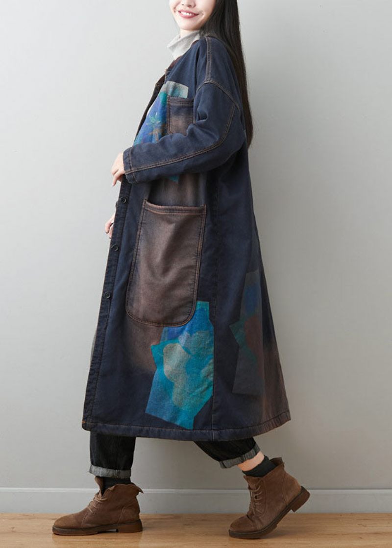 Bohemian Dark Blue Patchwork Lommer Print Varmt Fleece Outwear Winter - Dame vinterfrakker