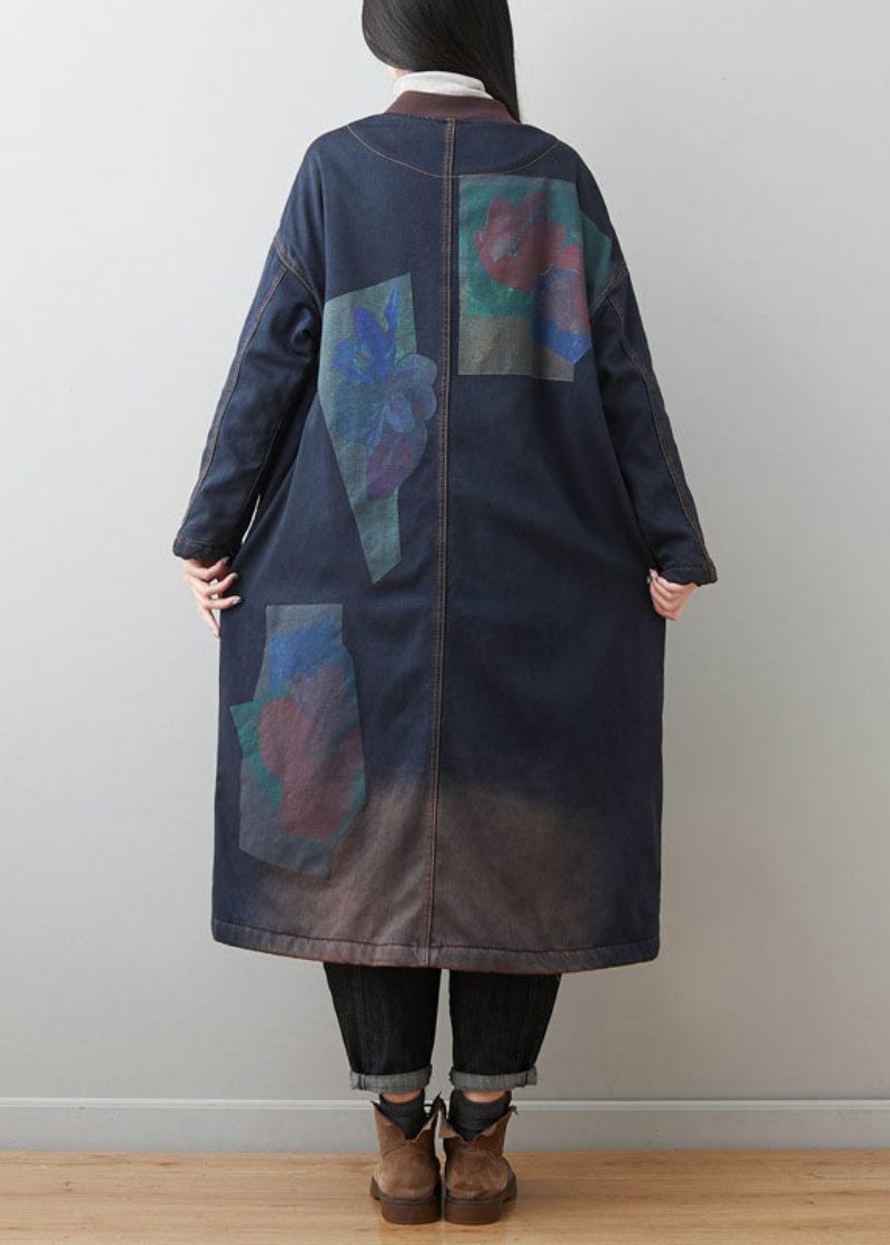 Bohemian Dark Blue Patchwork Lommer Print Varmt Fleece Outwear Winter - Dame vinterfrakker