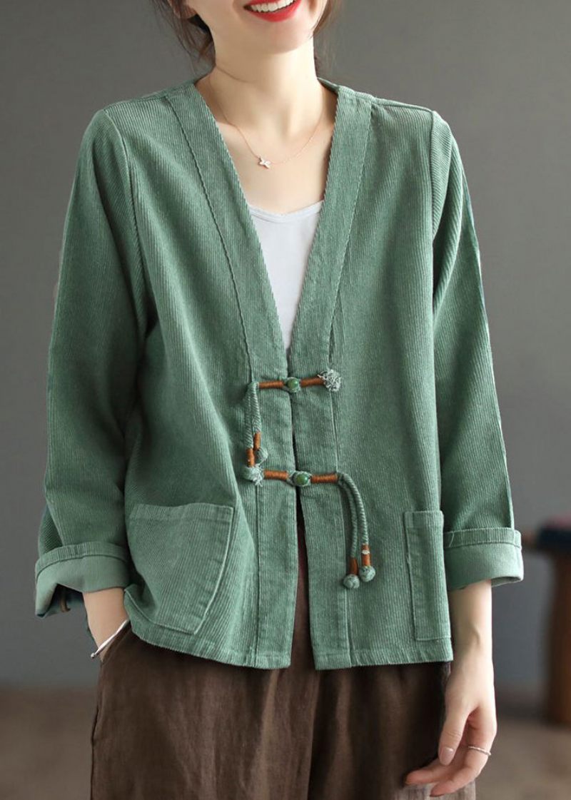 Bohemian Green Tasseled Lommer Patchwork Corduroy Coat Fall - Dame vinterfrakker