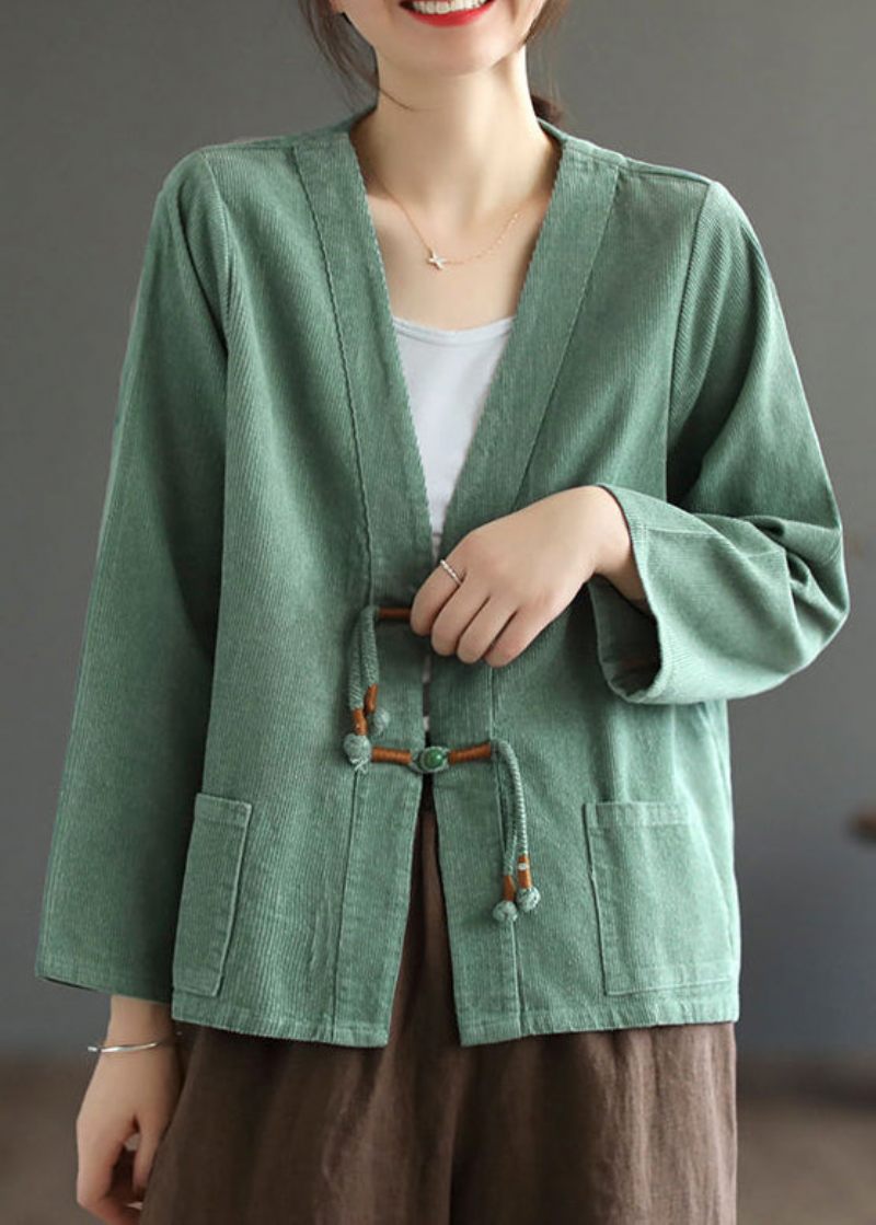 Bohemian Green Tasseled Lommer Patchwork Corduroy Coat Fall - Dame vinterfrakker