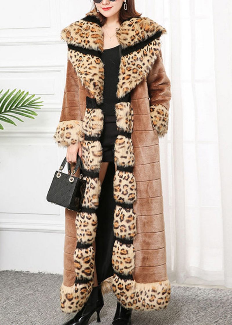 Bohemian Khaki Fox Krave Patchwork Leopard Faux Fur Coat Vinter - Dame vinterfrakker