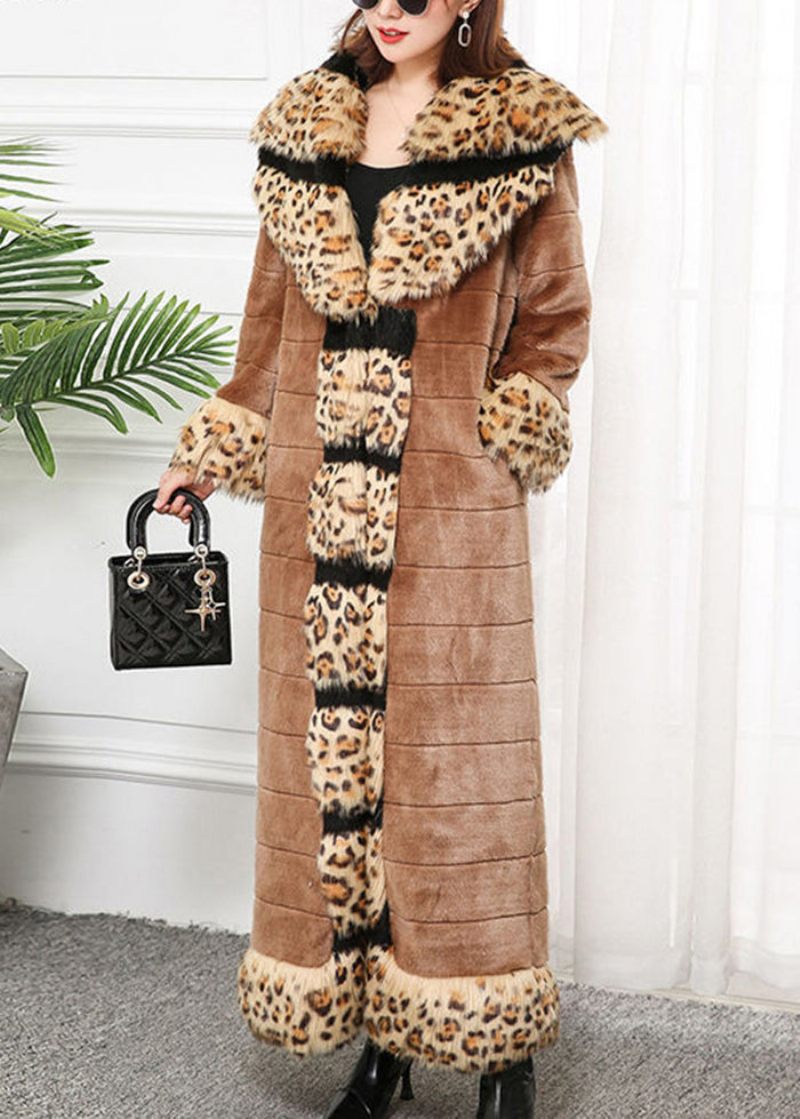 Bohemian Khaki Fox Krave Patchwork Leopard Faux Fur Coat Vinter - Dame vinterfrakker