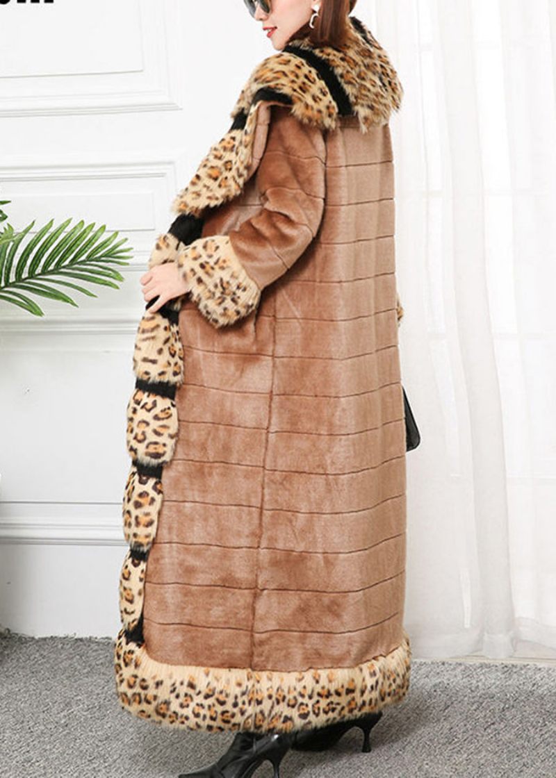 Bohemian Khaki Fox Krave Patchwork Leopard Faux Fur Coat Vinter - Dame vinterfrakker