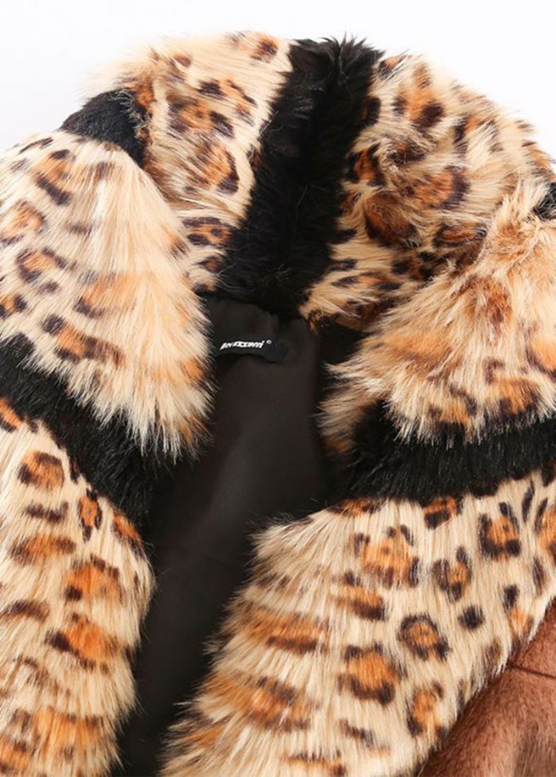 Bohemian Khaki Fox Krave Patchwork Leopard Faux Fur Coat Vinter - Dame vinterfrakker